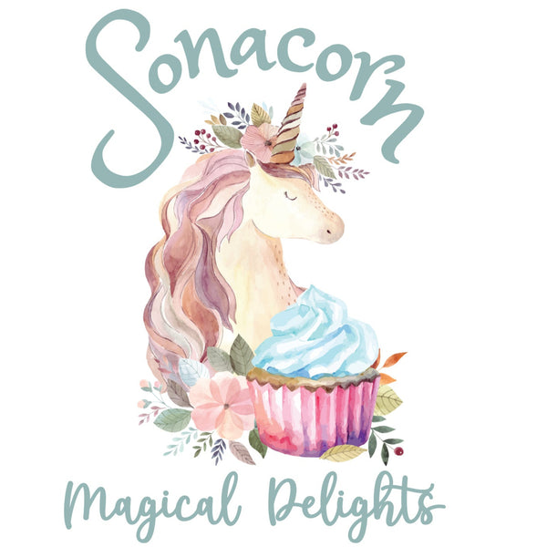 Unicorn with a cupcake and floral decorations on a white background, featuring the brand 'Sonacorn Magical Delights'.